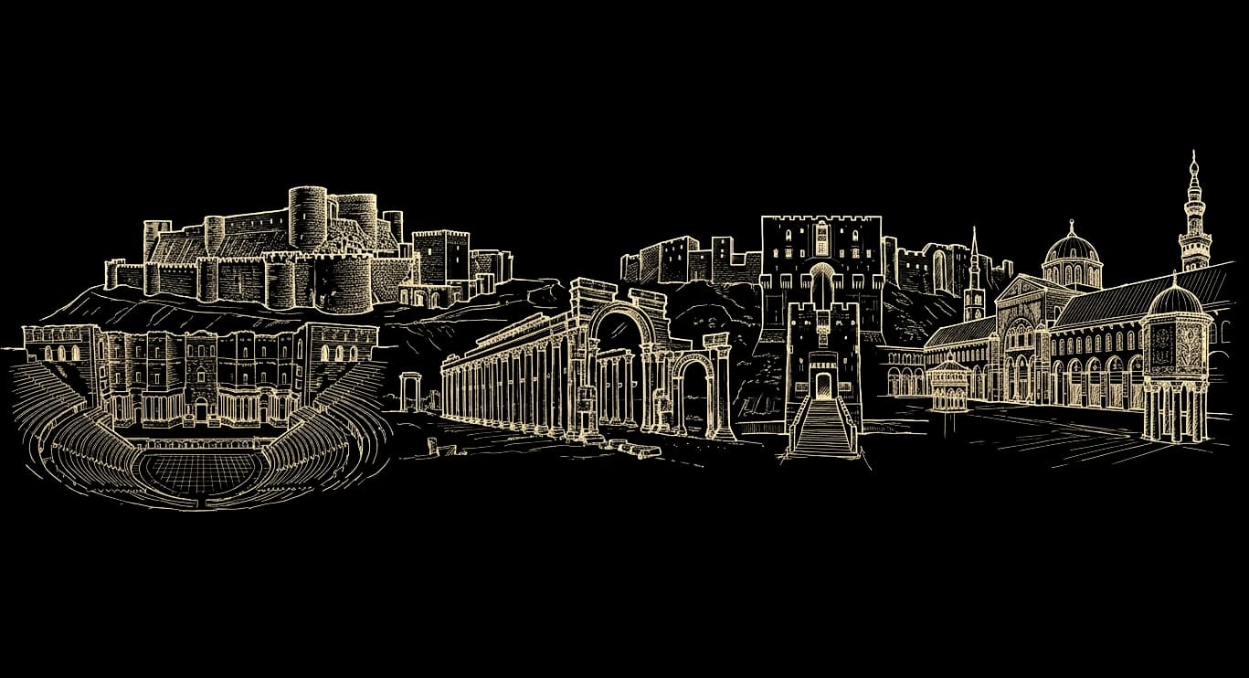Famous Syrian Landmarks Skyline - Umayyad Mosque, Citadel of Aleppo, Palmyra, Krak des Chevaliers, Bosra Amphitheater